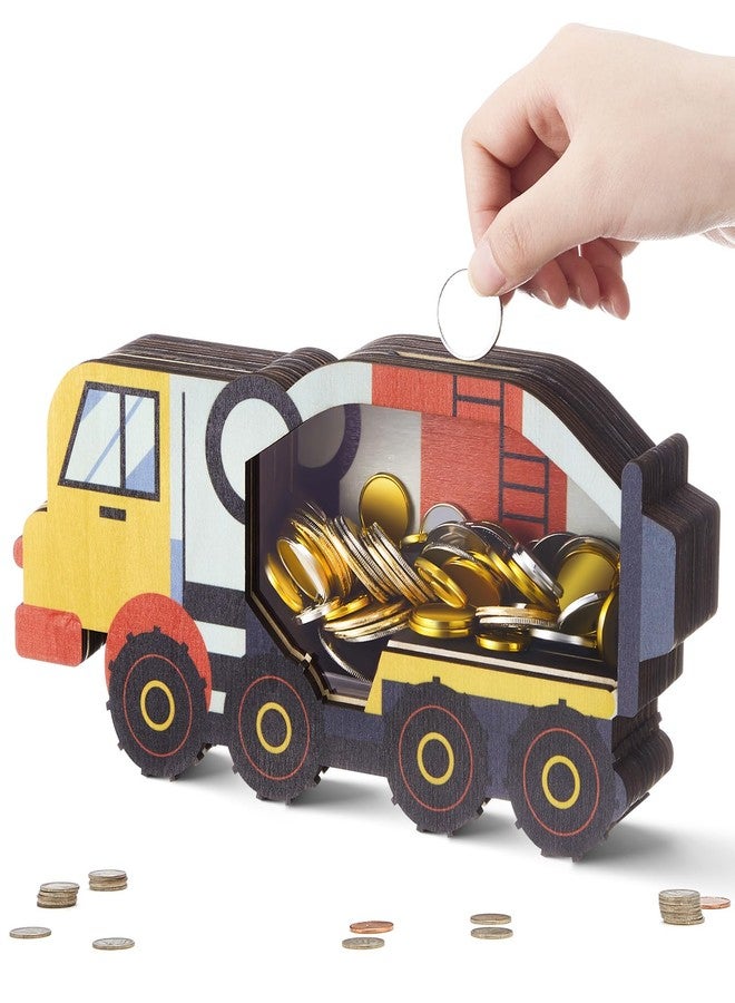 Maxdot Wooden Tank Truck Piggy Bank for Kids Clear Window Transparent Money Bank for Boys Girls Unbreakable Clear Coin Saving Jar Toys Gifts for Boys Birthday New Year Christmas - Image 1